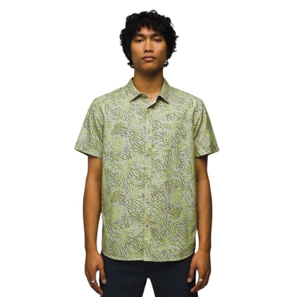 prAna Mens M Lost Sol Printed Button Shirt Hiking Outdoor Vented UPF30 Green